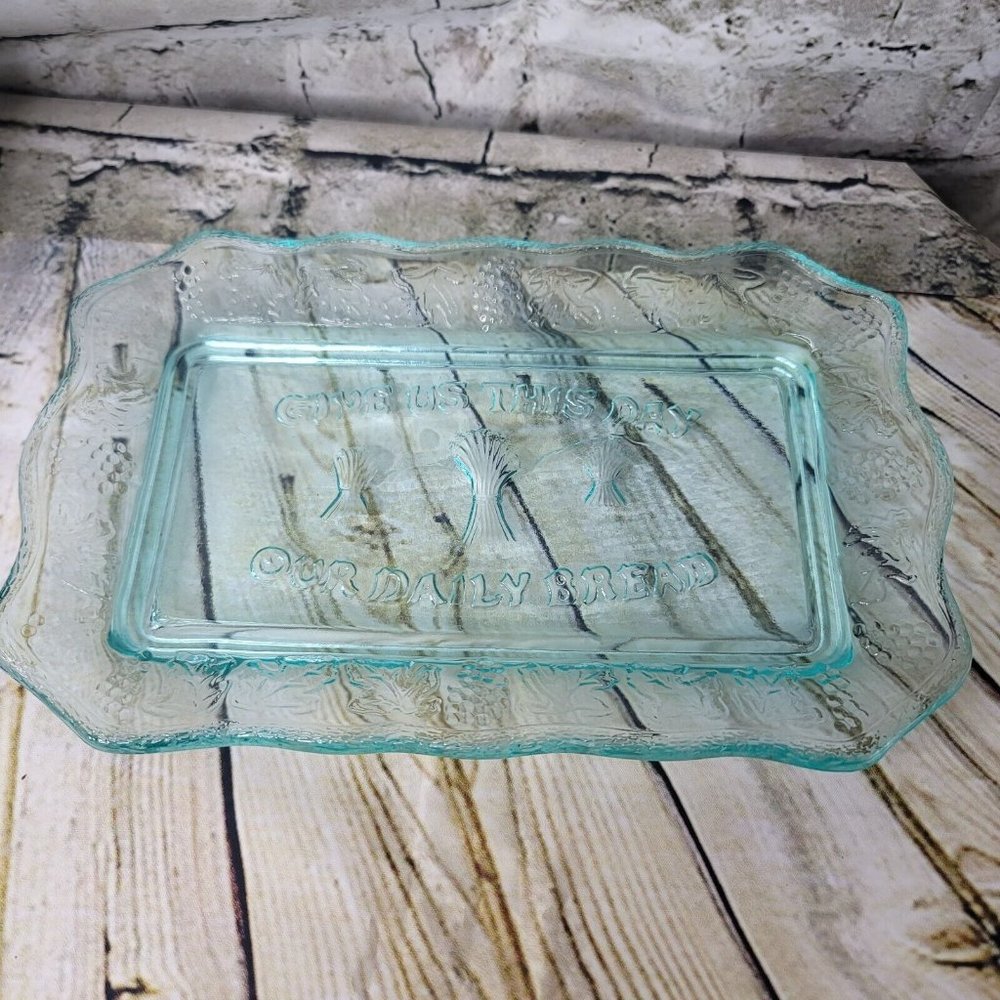 TIARA Glass 11" X 7" Ice Blue GIVE US THIS DAY OUR DAILY BREAD Plate
